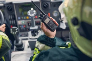firefighter holding walkie-talkie